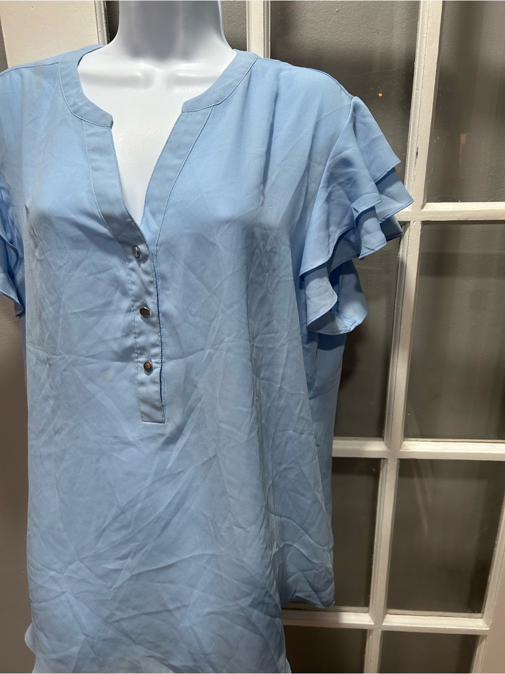 Zac & Rachel Sky Blue Button-Front Ruffle Sleeve Blouse